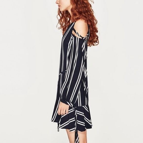 Zara Blue White Navy Striped One Shoulder Night Out Dress Size XS - Picture 7 of 15